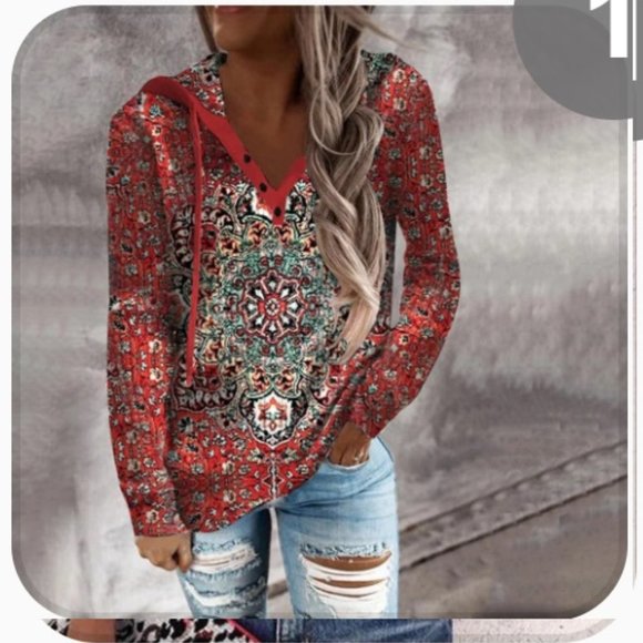 Red Mandala Print Hooded Henley Long Sleeve Sweatshirt - Picture 1 of 6